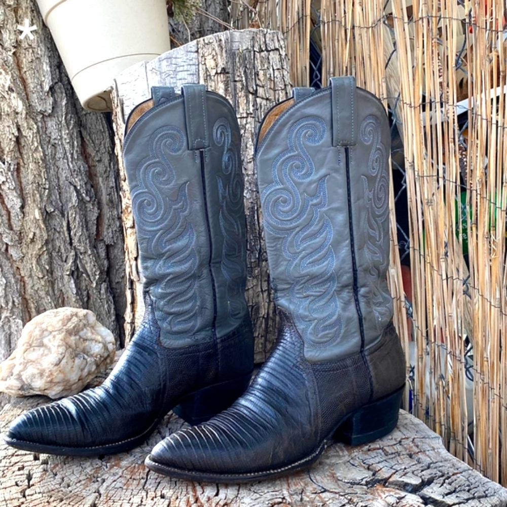 SOLD....NEOLITE Vtg Gray Lizard Skin Blue Embroidery, Men's Sz 9,